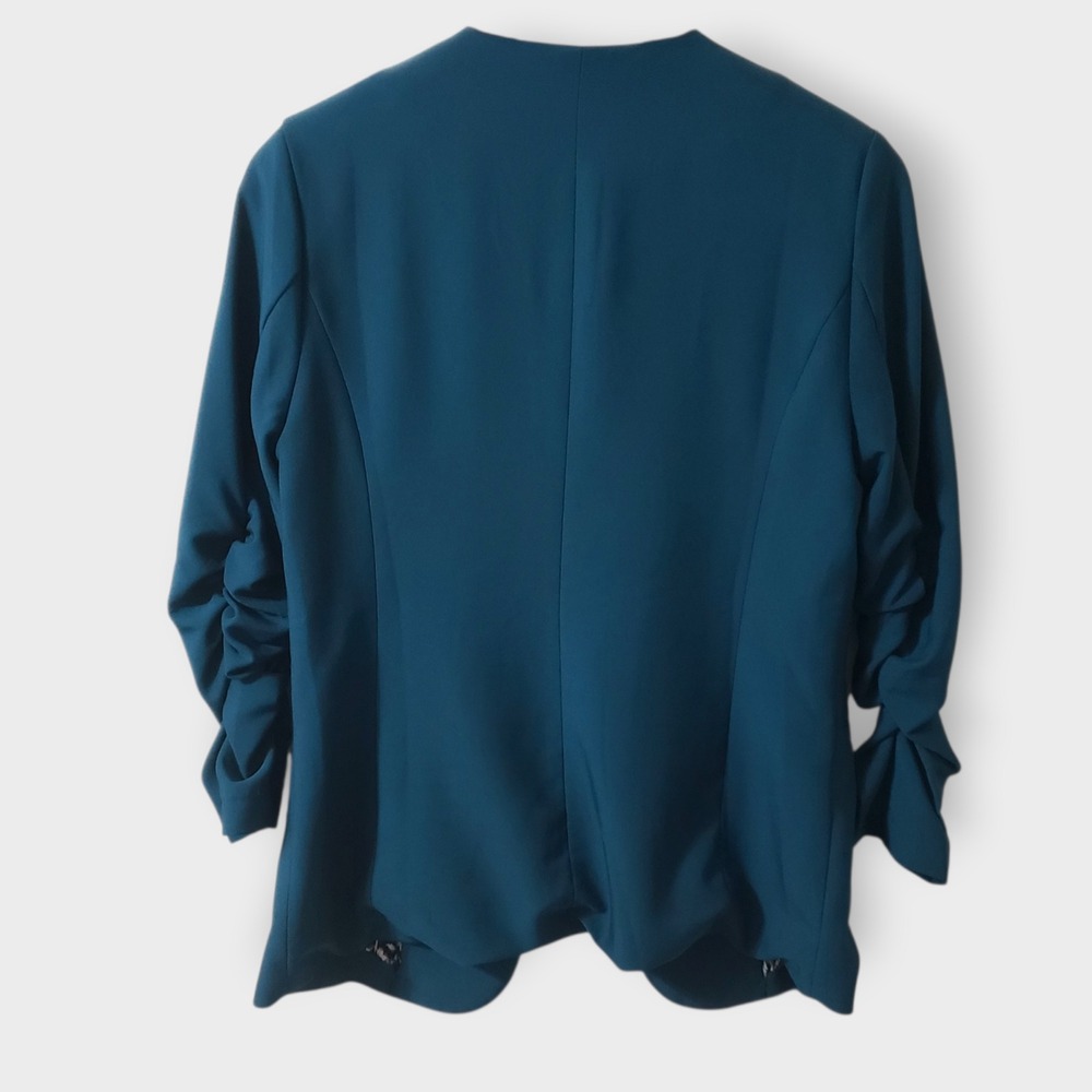 Skies Are Blue Raja Collarless Blazer Teal Ruched Sleeve Size Small Open Front - Picture 3 of 10